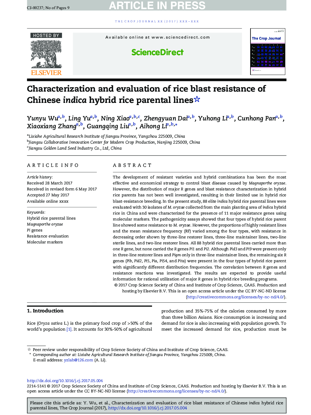 Characterization and evaluation of rice blast resistance of Chinese indica hybrid rice parental lines