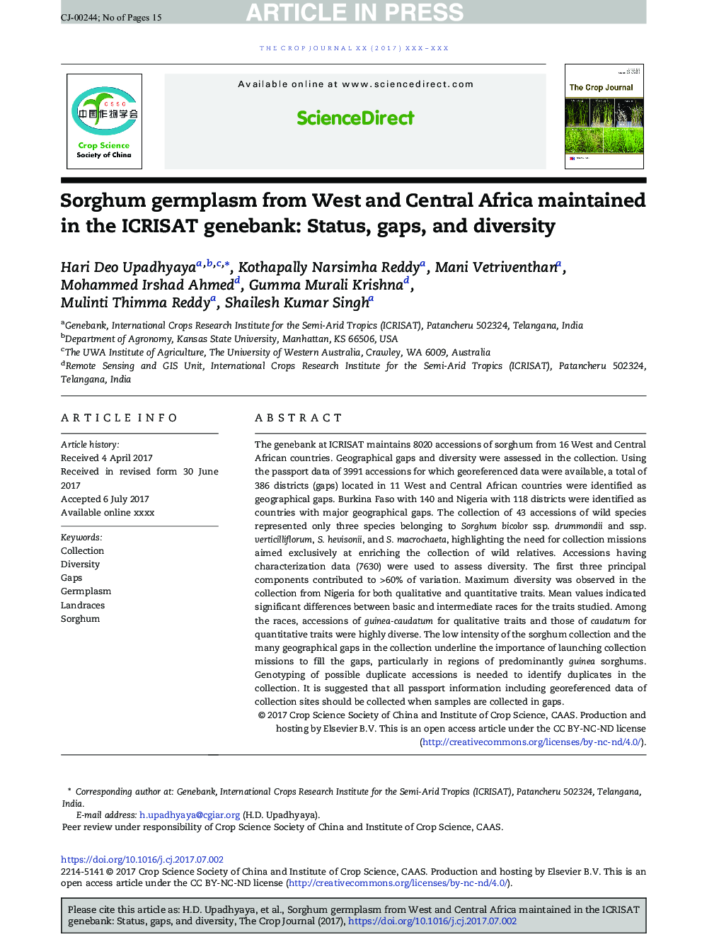 Sorghum germplasm from West and Central Africa maintained in the ICRISAT genebank: Status, gaps, and diversity