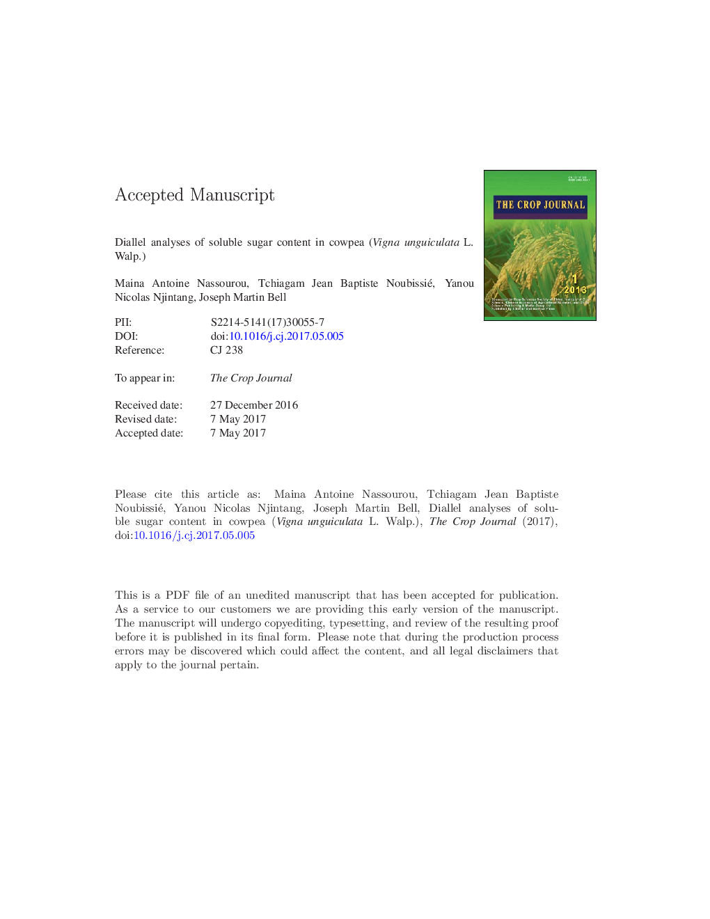 Diallel analyses of soluble sugar content in cowpea (Vigna unguiculata L. Walp.)