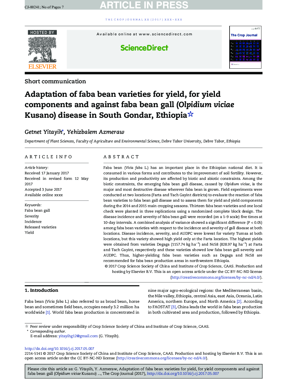 Adaptation of faba bean varieties for yield, for yield components and against faba bean gall (Olpidium viciae Kusano) disease in South Gondar, Ethiopia