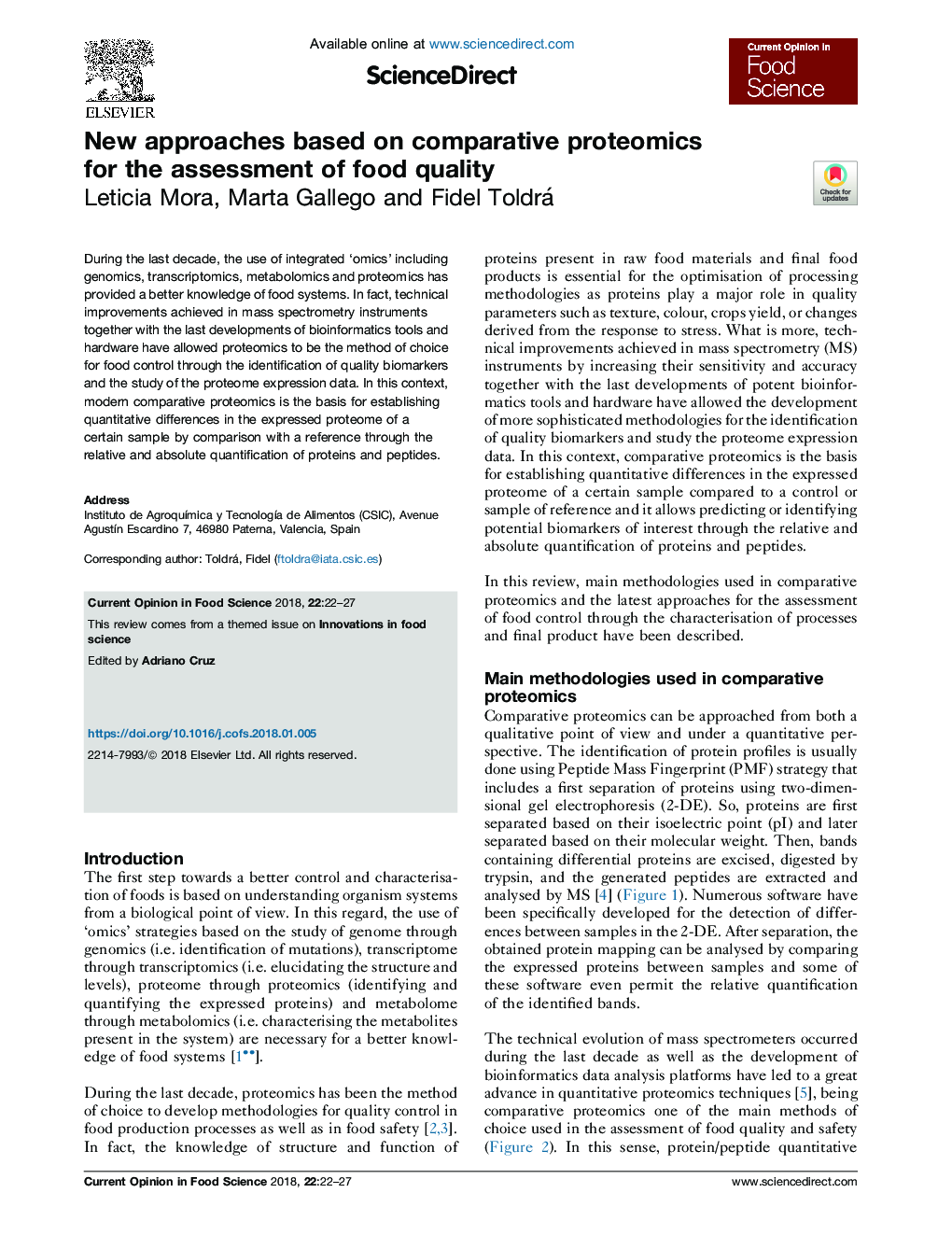 New approaches based on comparative proteomics for the assessment of food quality