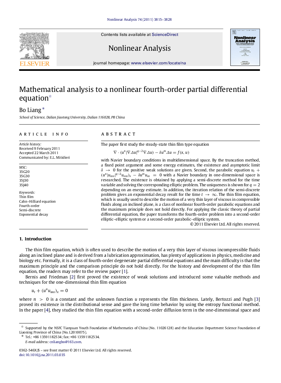 Mathematical analysis to a nonlinear fourth-order partial differential equation 