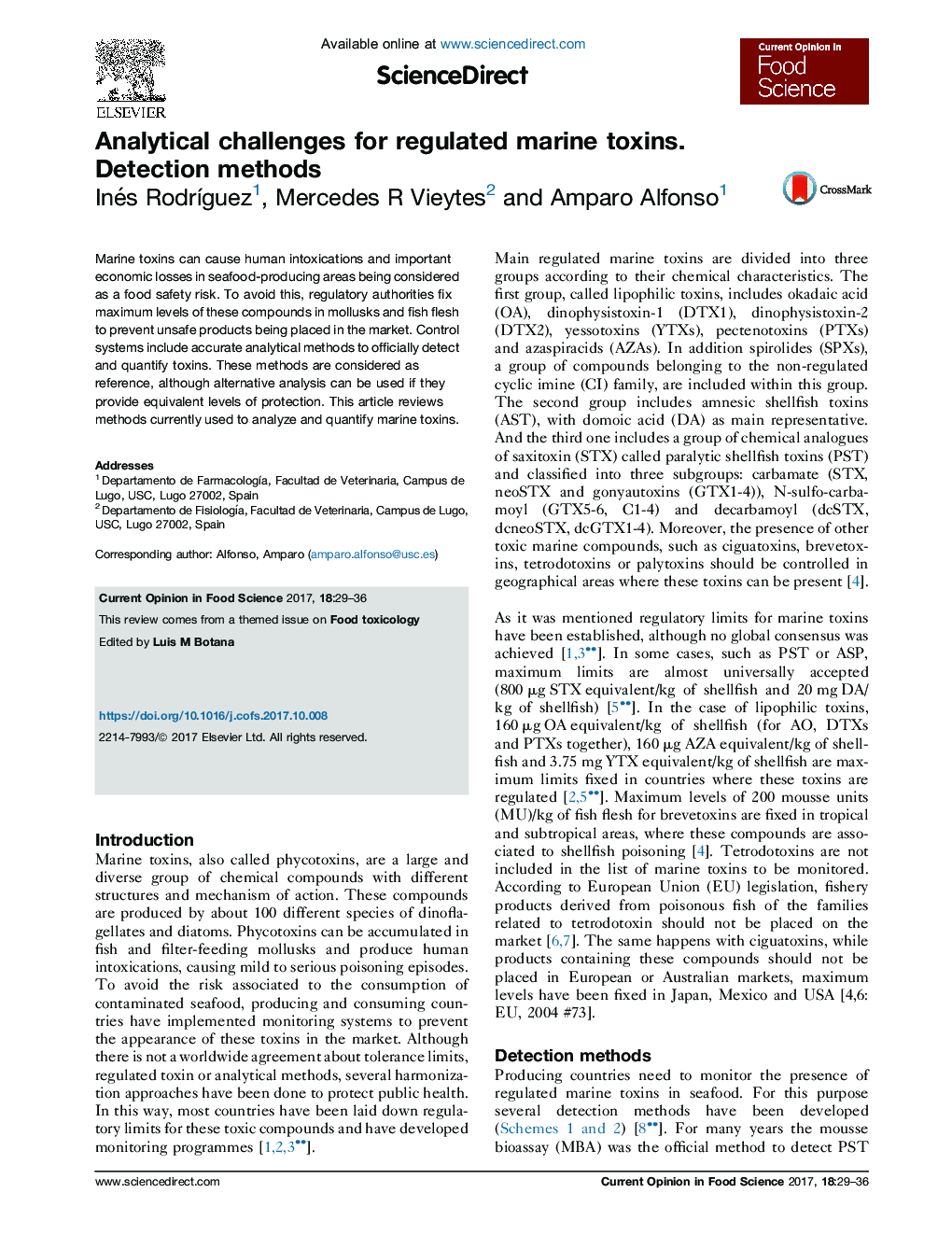 Analytical challenges for regulated marine toxins. Detection methods