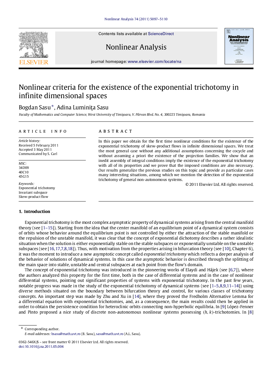 Nonlinear criteria for the existence of the exponential trichotomy in infinite dimensional spaces