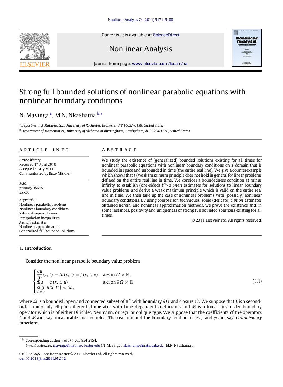 Strong full bounded solutions of nonlinear parabolic equations with nonlinear boundary conditions