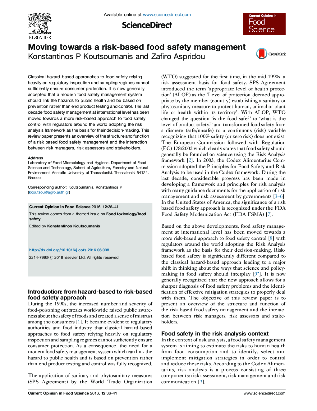 Moving towards a risk-based food safety management