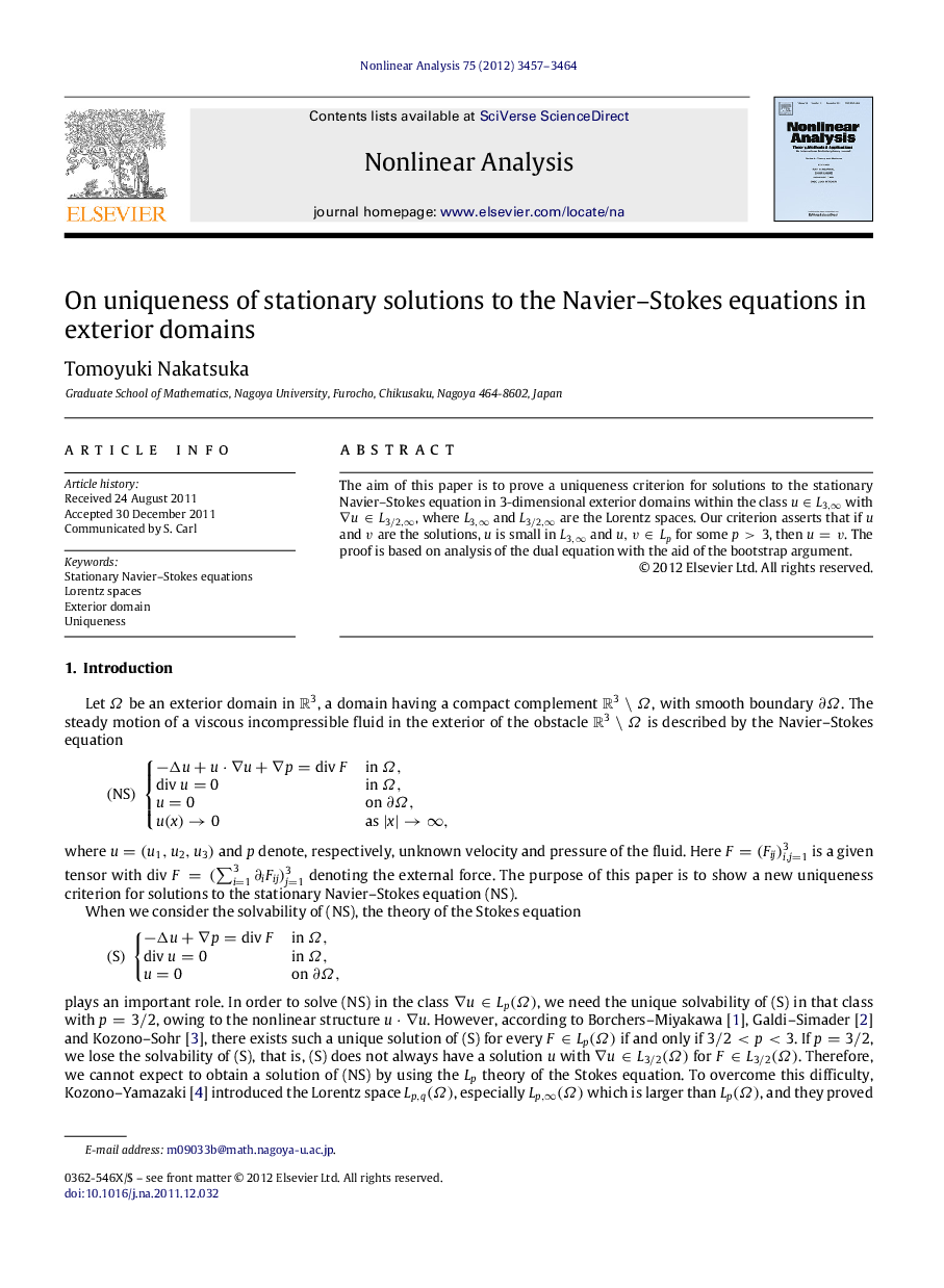 On uniqueness of stationary solutions to the Navier–Stokes equations in exterior domains