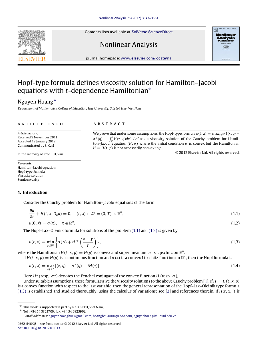 Hopf-type formula defines viscosity solution for Hamilton–Jacobi equations with tt-dependence Hamiltonian 