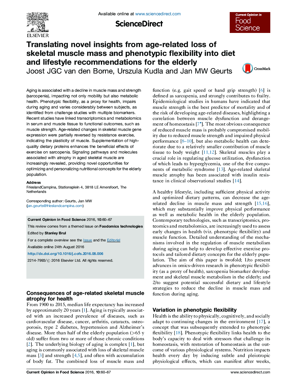 Translating novel insights from age-related loss of skeletal muscle mass and phenotypic flexibility into diet and lifestyle recommendations for the elderly