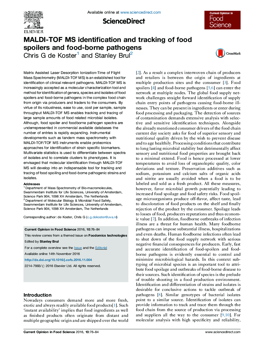 MALDI-TOF MS identification and tracking of food spoilers and food-borne pathogens