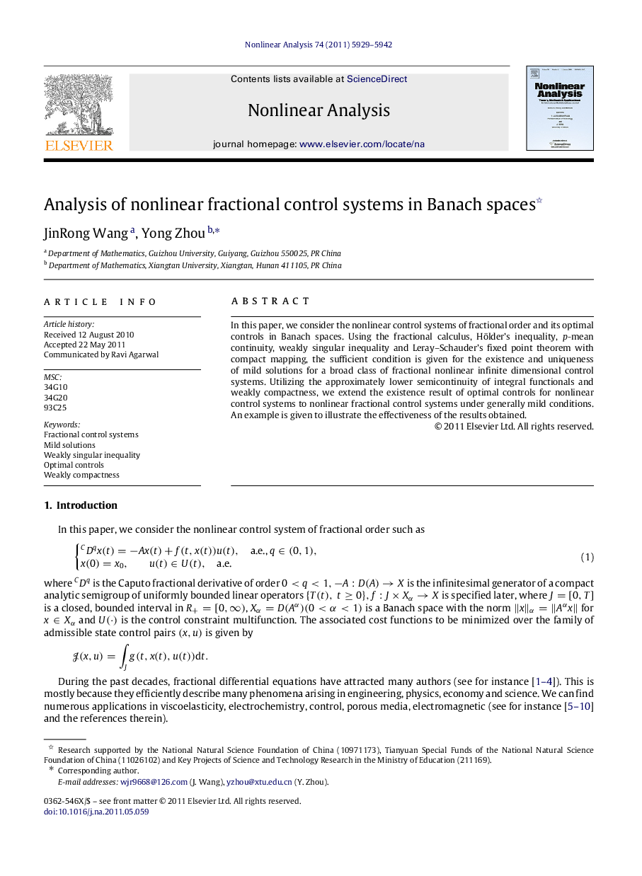 Analysis of nonlinear fractional control systems in Banach spaces 