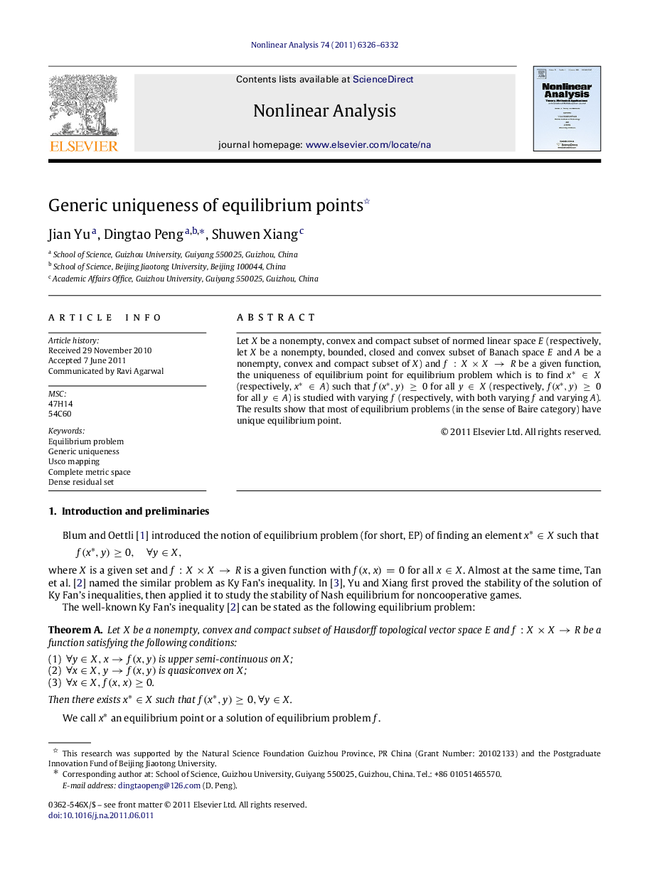 Generic uniqueness of equilibrium points 