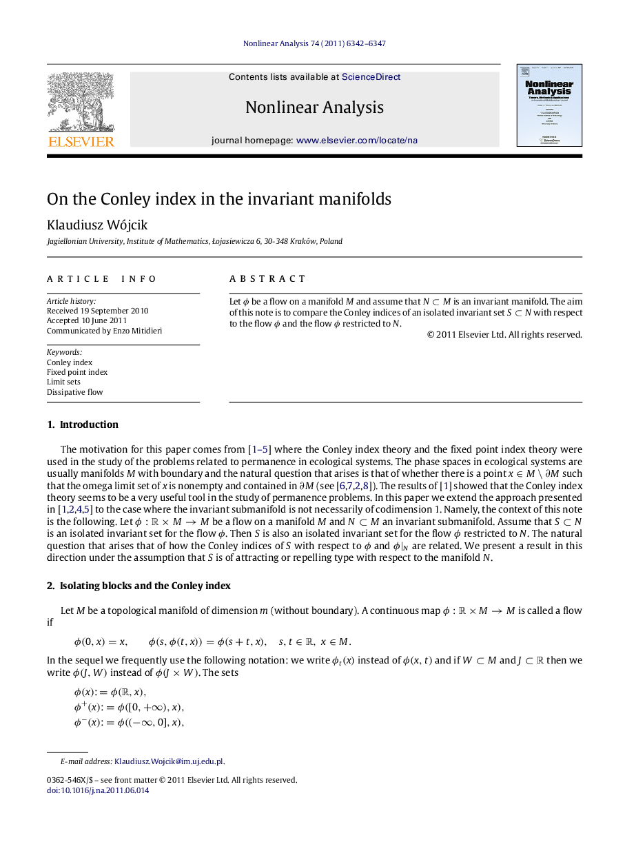 On the Conley index in the invariant manifolds