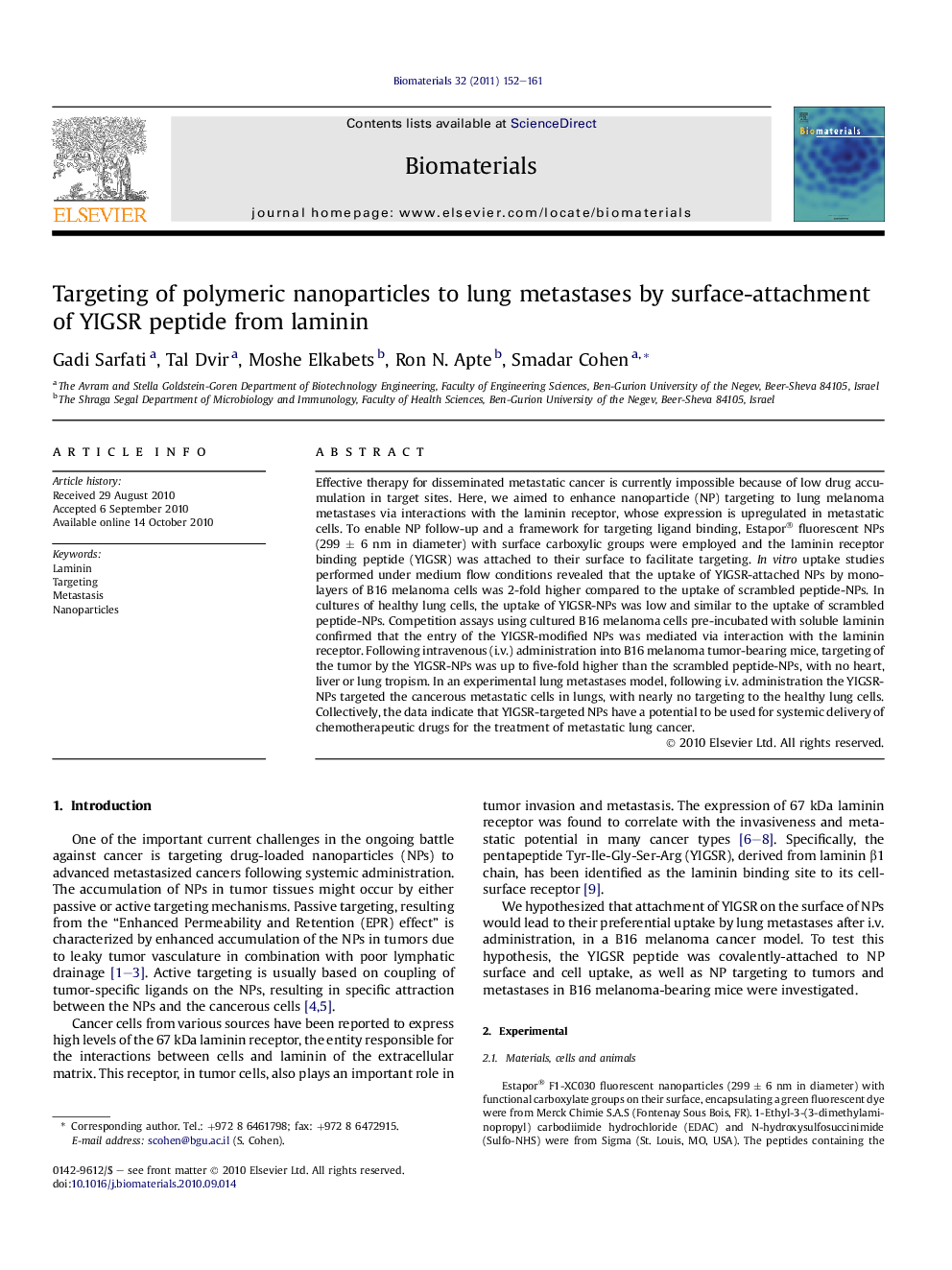 Targeting of polymeric nanoparticles to lung metastases by surface-attachment of YIGSR peptide from laminin