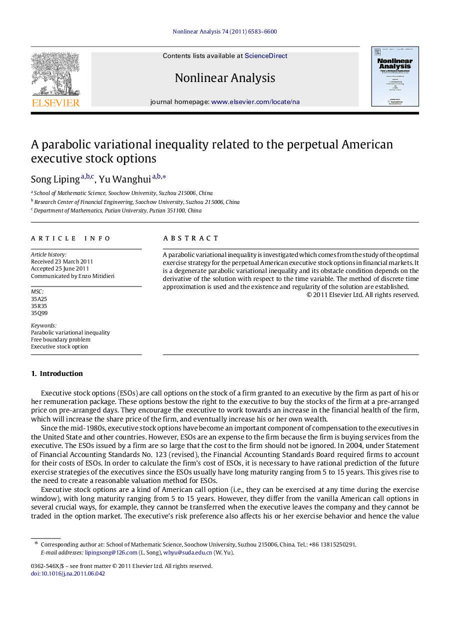 عکس صفحه اول مقاله: A parabolic variational inequality related to the perpetual American executive stock options A parabolic variational inequality related to the perpetual American executive stock options