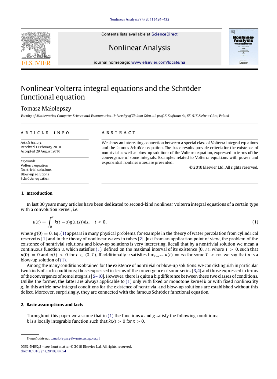 Nonlinear Volterra integral equations and the Schröder functional equation