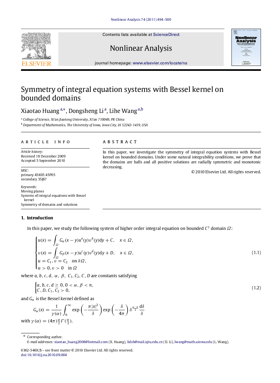 Symmetry of integral equation systems with Bessel kernel on bounded domains