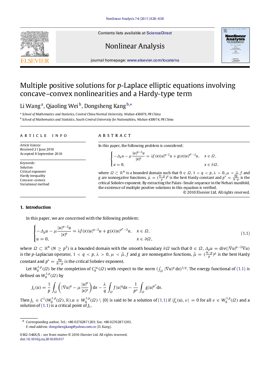 عکس صفحه اول مقاله: Multiple positive solutions for pp-Laplace elliptic equations involving concave–convex nonlinearities and a Hardy-type term Multiple positive solutions for pp-Laplace elliptic equations involving concave–convex nonlinearities and a Hardy-type term