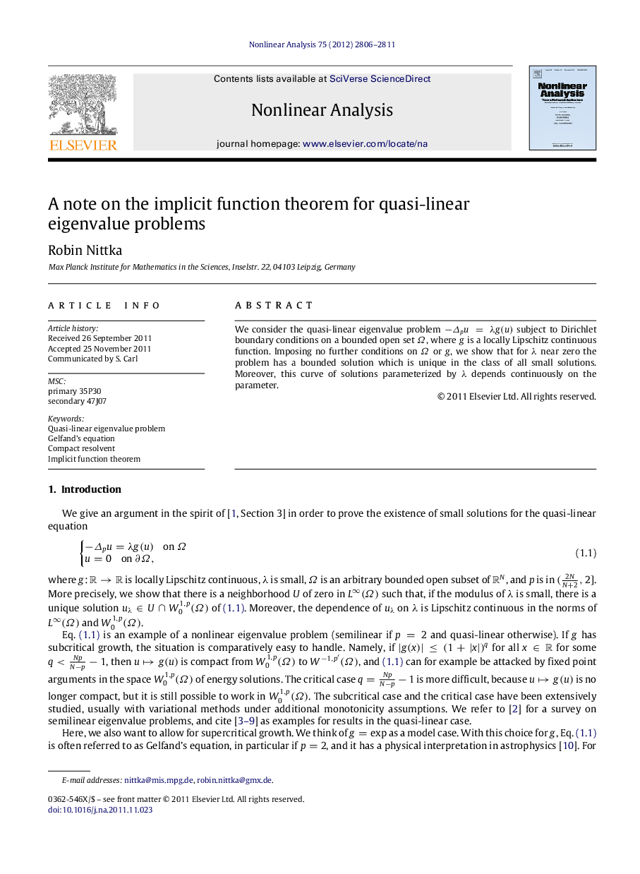 A note on the implicit function theorem for quasi-linear eigenvalue problems