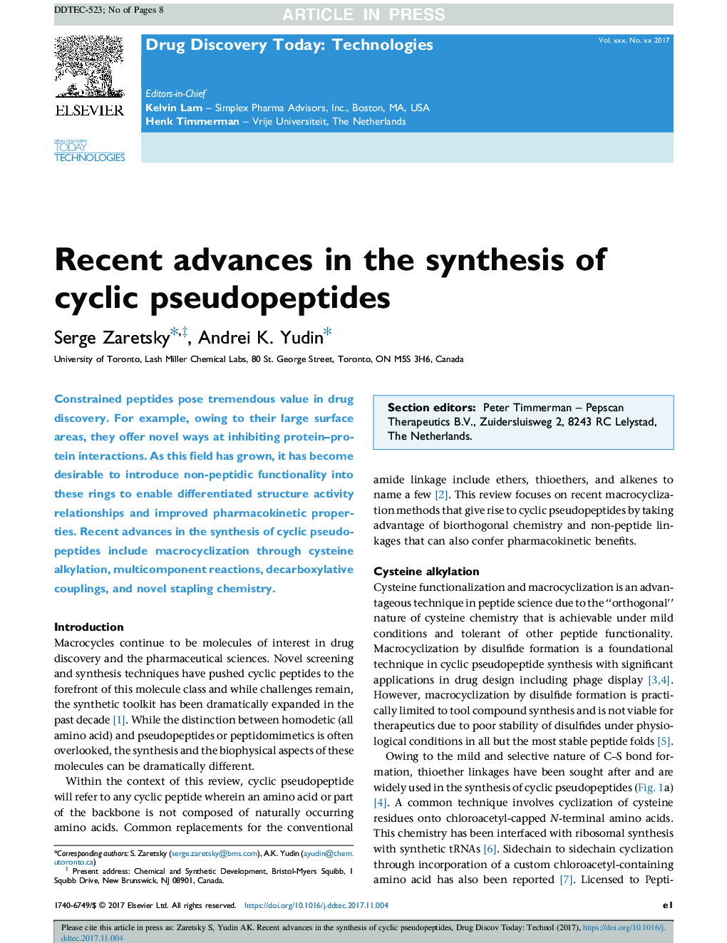 عکس صفحه اول مقاله: Recent advances in the synthesis of cyclic pseudopeptides Recent advances in the synthesis of cyclic pseudopeptides