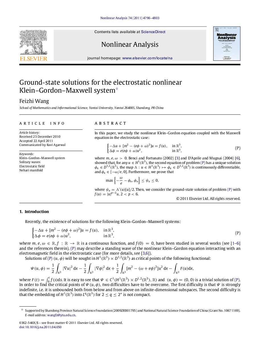 Ground-state solutions for the electrostatic nonlinear Klein–Gordon–Maxwell system 