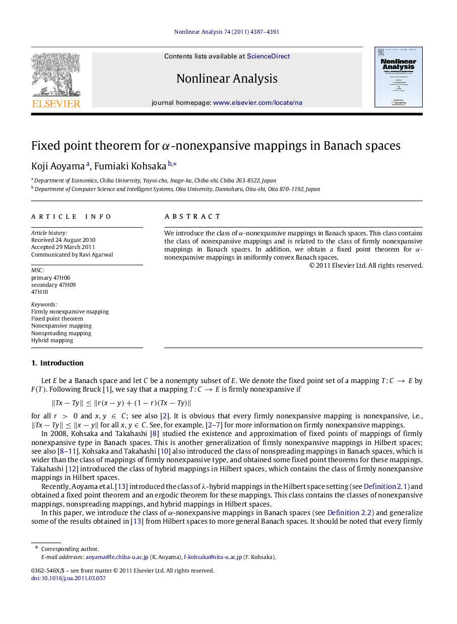 Fixed point theorem for αα-nonexpansive mappings in Banach spaces