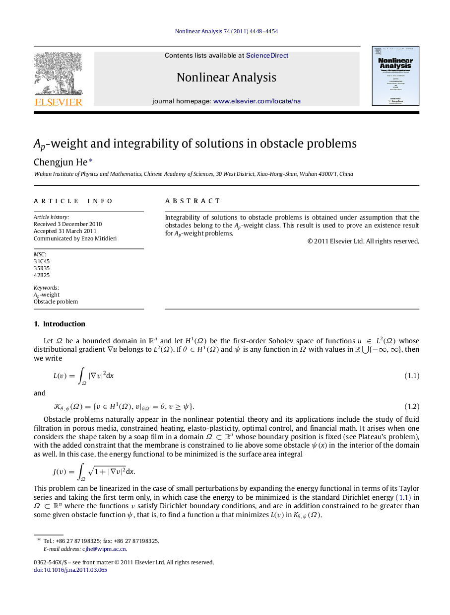 ApAp-weight and integrability of solutions in obstacle problems