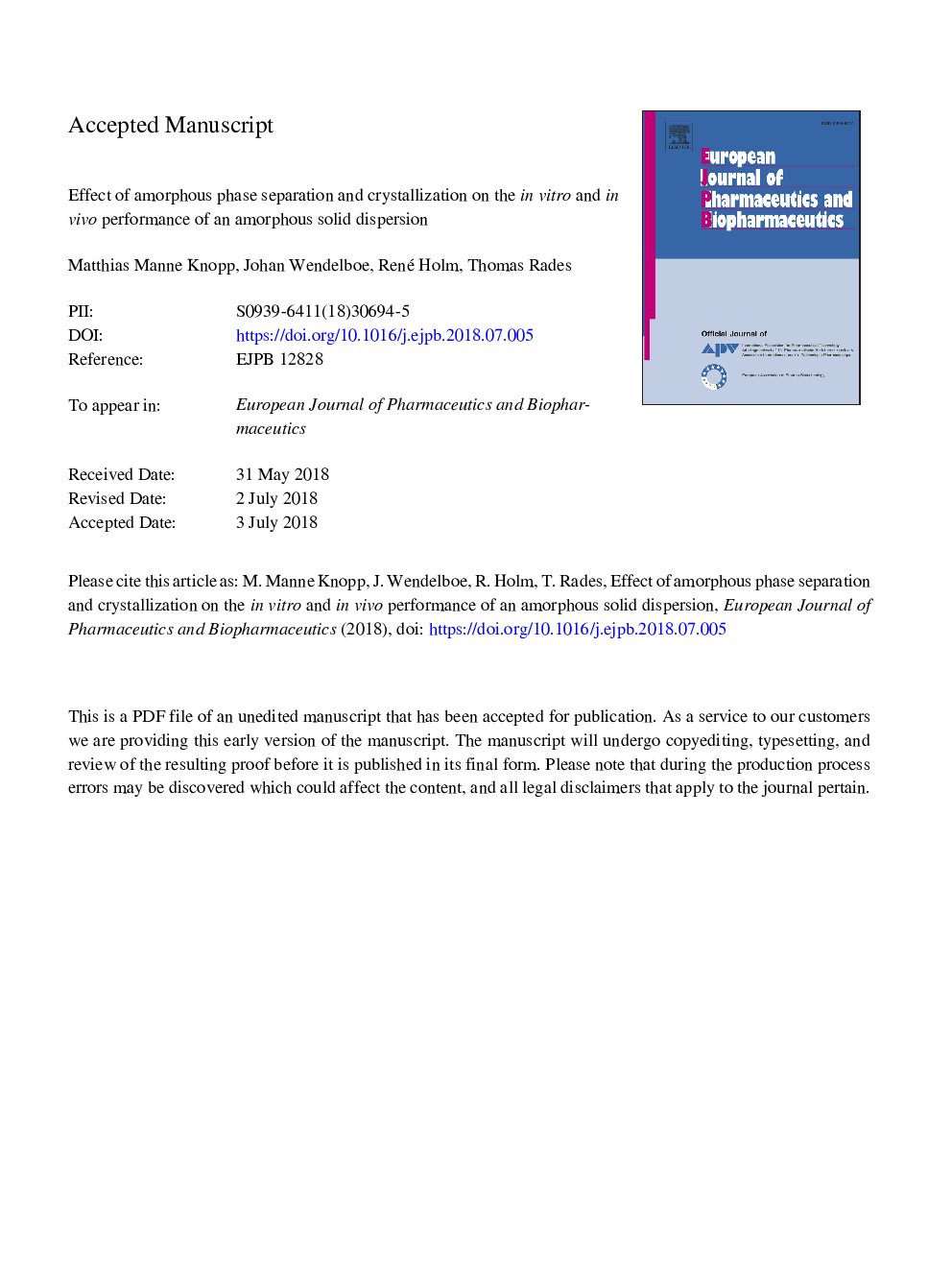 Effect of amorphous phase separation and crystallization on the in vitro and in vivo performance of an amorphous solid dispersion