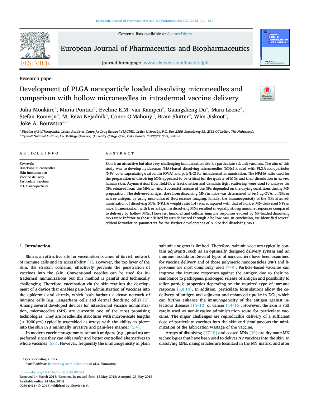 Development of PLGA nanoparticle loaded dissolving microneedles and comparison with hollow microneedles in intradermal vaccine delivery