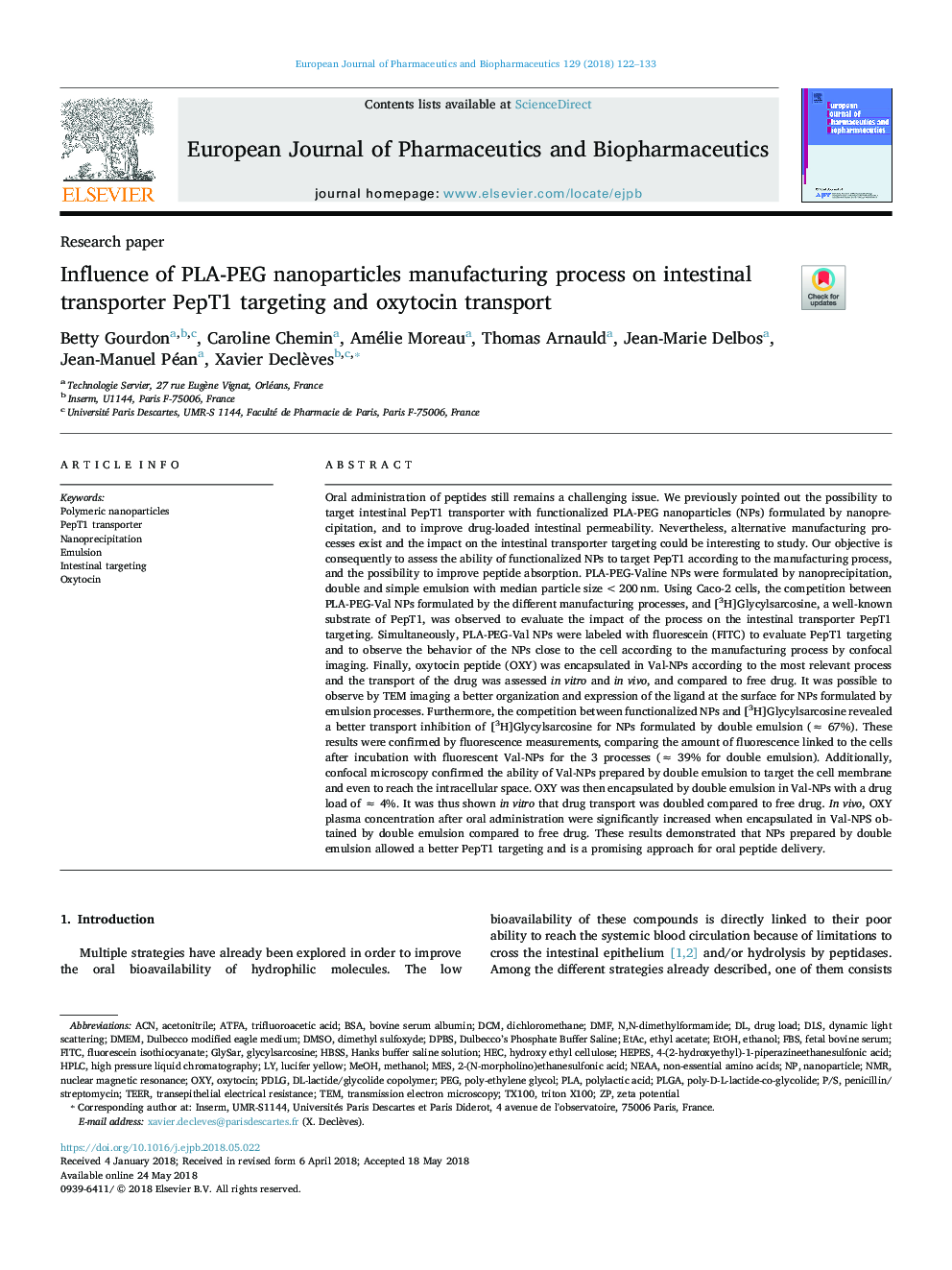 Influence of PLA-PEG nanoparticles manufacturing process on intestinal transporter PepT1 targeting and oxytocin transport