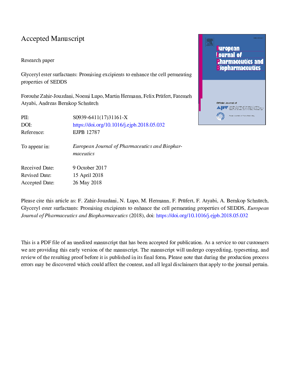 Glyceryl ester surfactants: Promising excipients to enhance the cell permeating properties of SEDDS