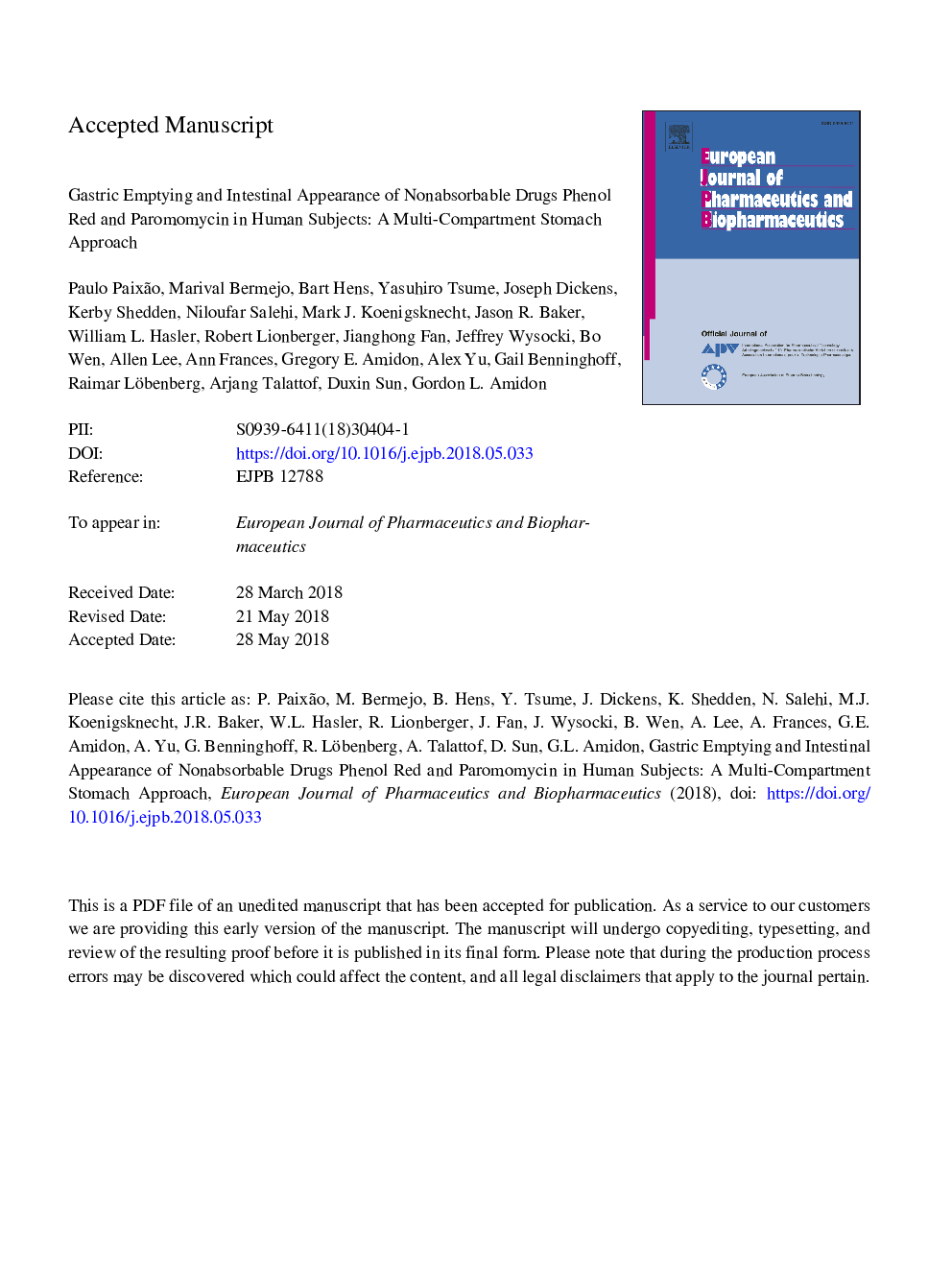 Gastric emptying and intestinal appearance of nonabsorbable drugs phenol red and paromomycin in human subjects: A multi-compartment stomach approach