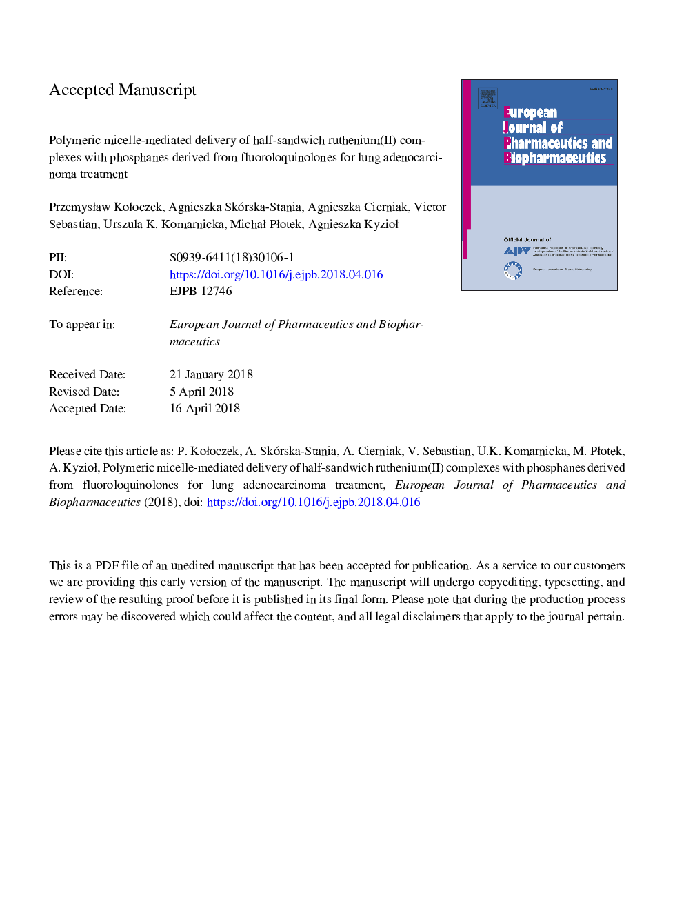 Polymeric micelle-mediated delivery of half-sandwich ruthenium(II) complexes with phosphanes derived from fluoroloquinolones for lung adenocarcinoma treatment