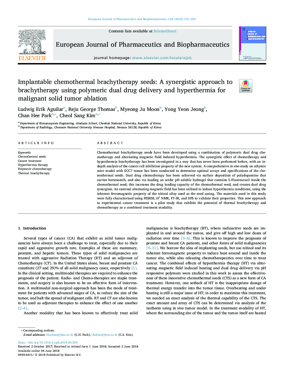 Implantable chemothermal brachytherapy seeds: A synergistic approach to brachytherapy using polymeric dual drug delivery and hyperthermia for malignant solid tumor ablation