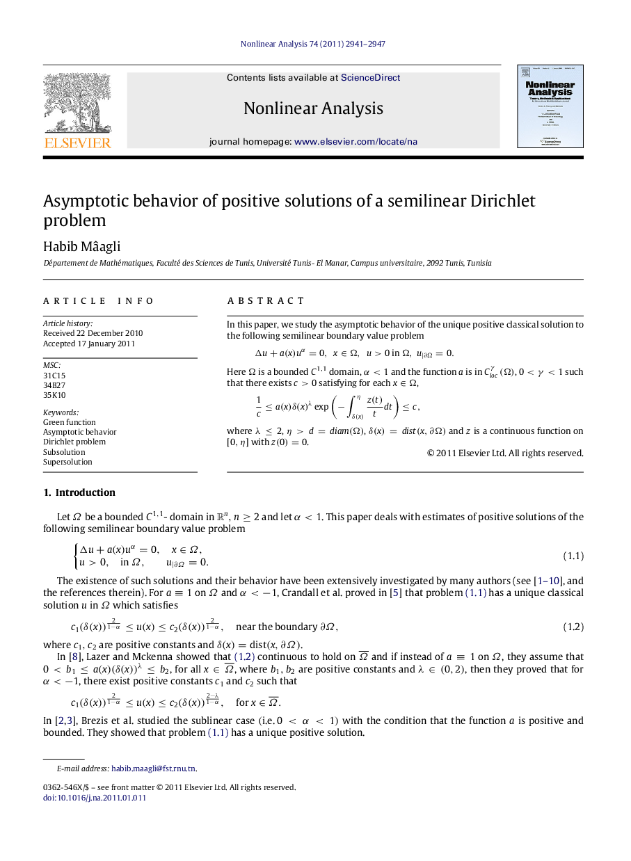 Asymptotic behavior of positive solutions of a semilinear Dirichlet problem