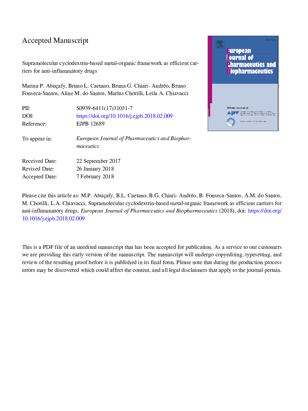 Supramolecular cyclodextrin-based metal-organic frameworks as efficient carrier for anti-inflammatory drugs