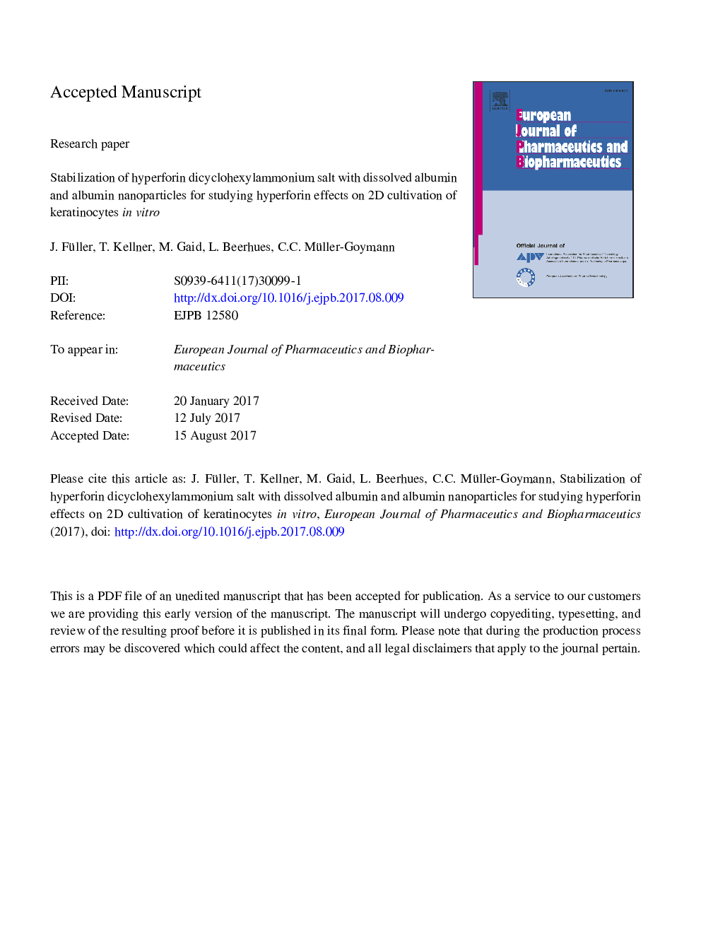 Stabilization of hyperforin dicyclohexylammonium salt with dissolved albumin and albumin nanoparticles for studying hyperforin effects on 2D cultivation of keratinocytes in vitro