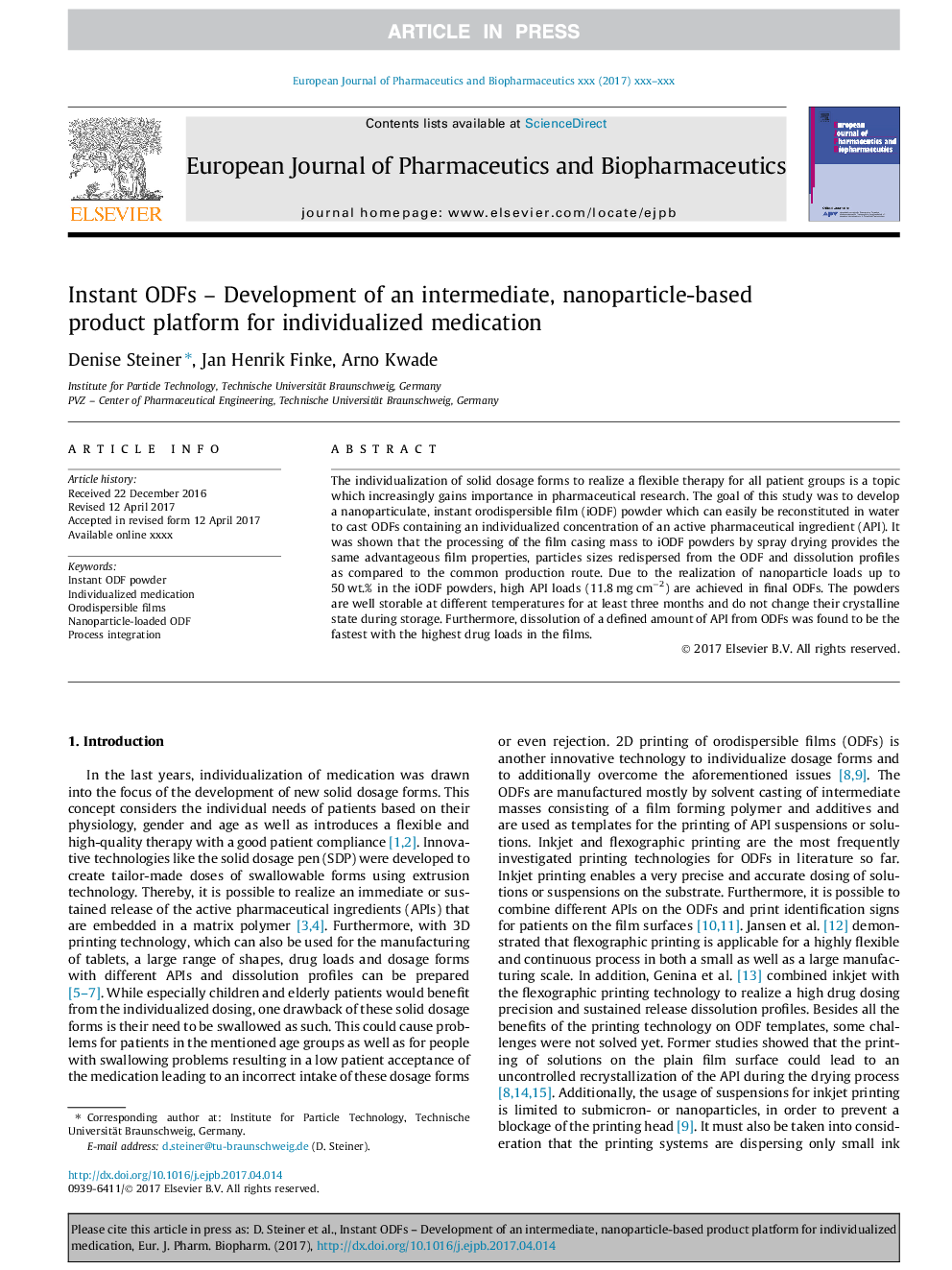 Instant ODFs - Development of an intermediate, nanoparticle-based product platform for individualized medication