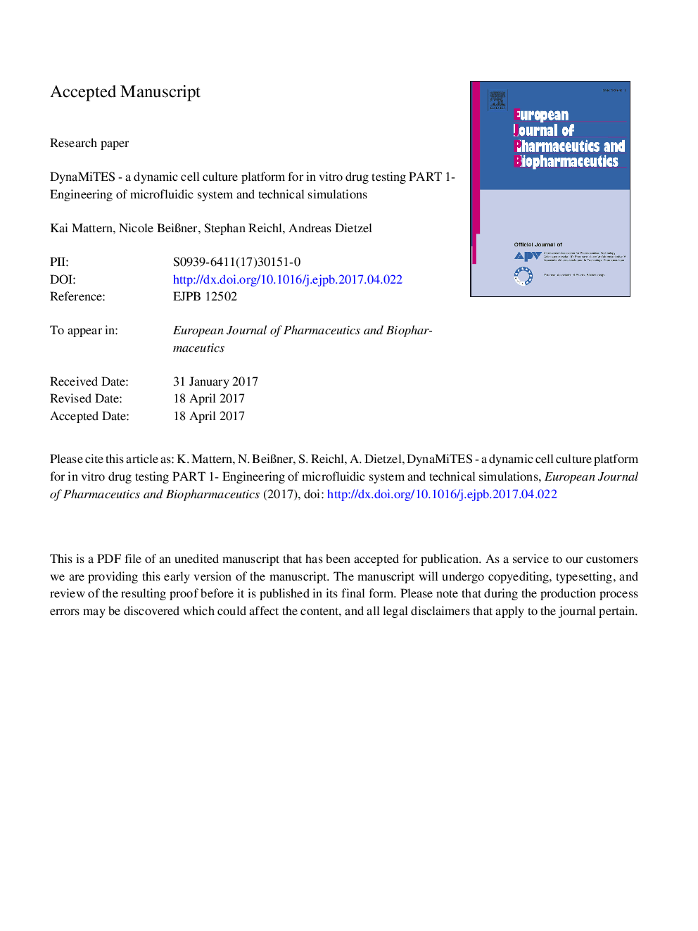 عکس صفحه اول مقاله: DynaMiTES - A dynamic cell culture platform for in vitro drug testing PART 1 - Engineering of microfluidic system and technical simulations DynaMiTES - A dynamic cell culture platform for in vitro drug testing PART 1 - Engineering of microfluidic system and technical simulations