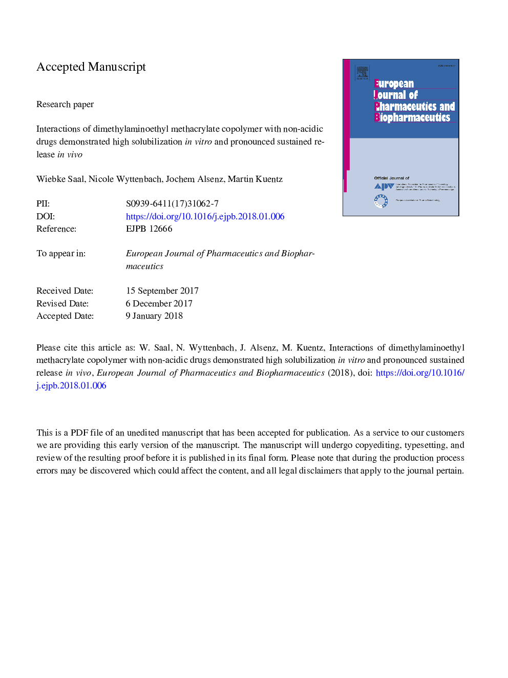 Interactions of dimethylaminoethyl methacrylate copolymer with non-acidic drugs demonstrated high solubilization in vitro and pronounced sustained release in vivo