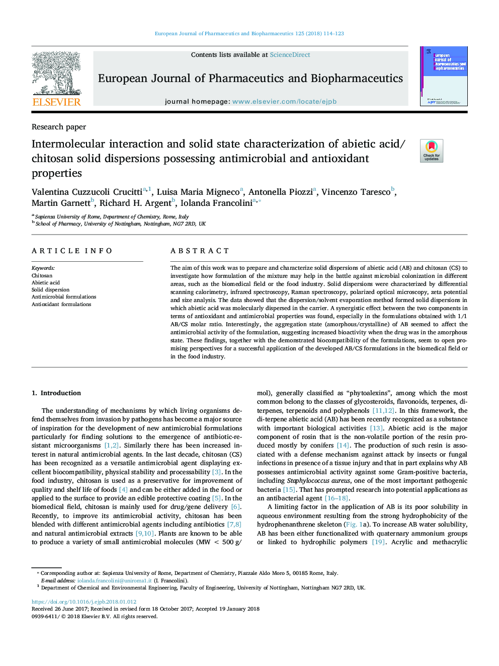 Intermolecular interaction and solid state characterization of abietic acid/chitosan solid dispersions possessing antimicrobial and antioxidant properties