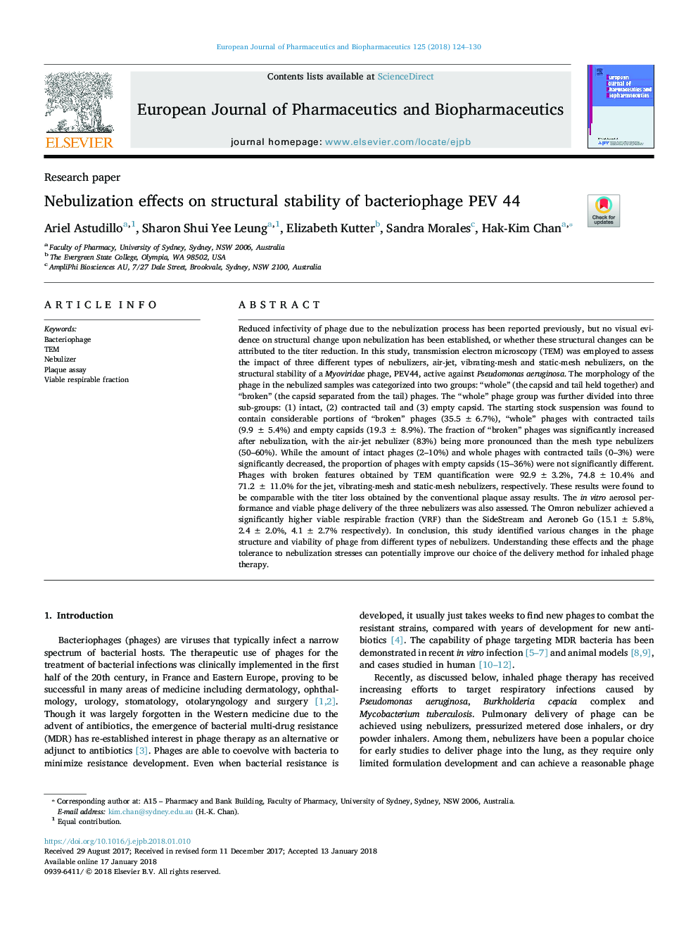 Nebulization effects on structural stability of bacteriophage PEV 44