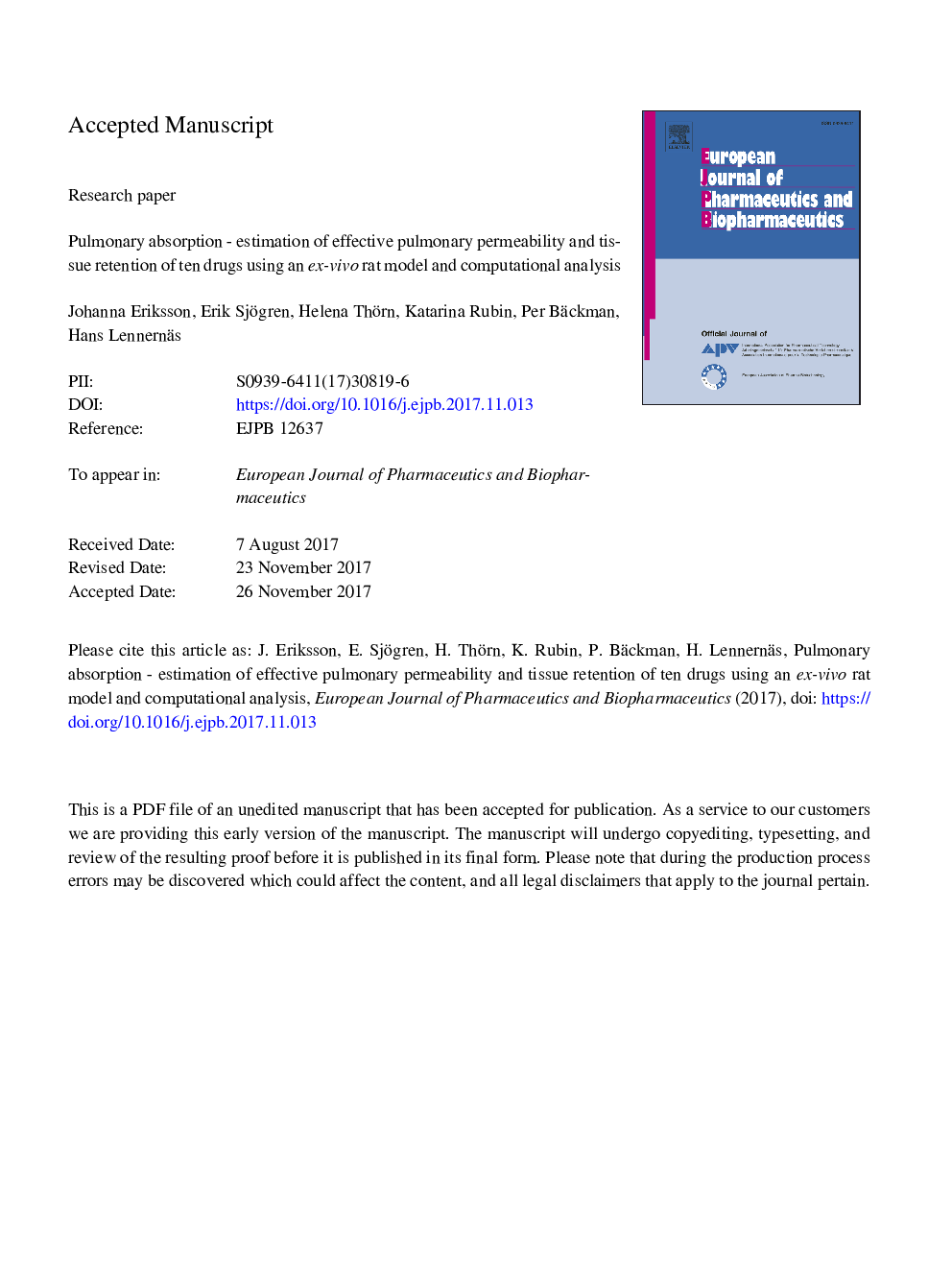 عکس صفحه اول مقاله: Pulmonary absorption - estimation of effective pulmonary permeability and tissue retention of ten drugs using an ex vivo rat model and computational analysis Pulmonary absorption - estimation of effective pulmonary permeability and tissue retention of ten drugs using an ex vivo rat model and computational analysis