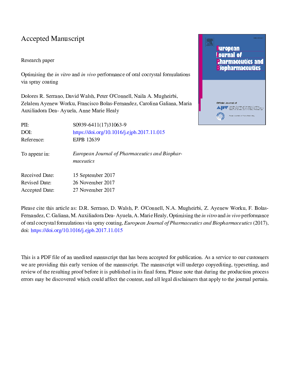 Optimising the in vitro and in vivo performance of oral cocrystal formulations via spray coating