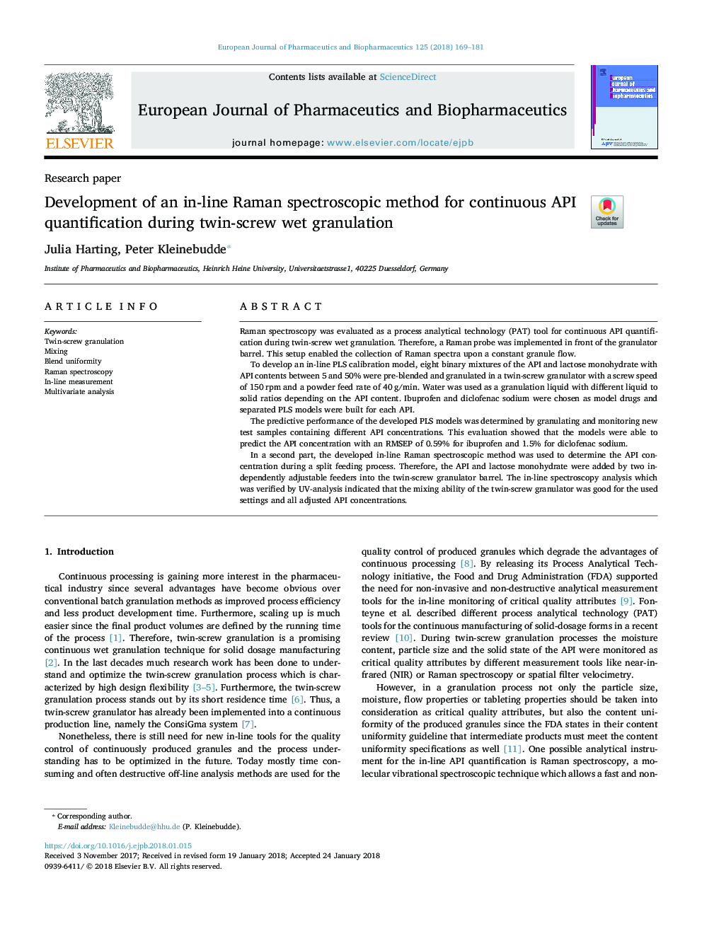 Development of an in-line Raman spectroscopic method for continuous API quantification during twin-screw wet granulation