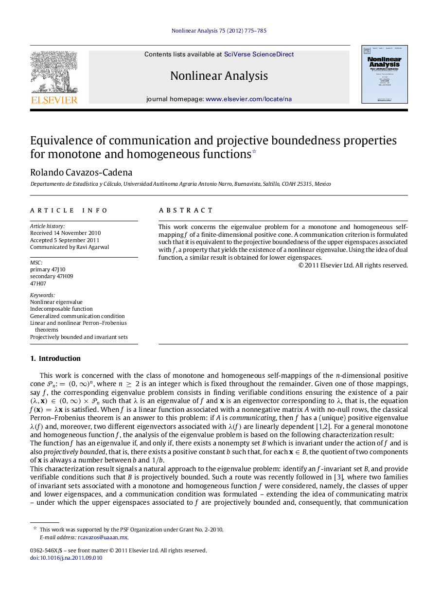 Equivalence of communication and projective boundedness properties for monotone and homogeneous functions