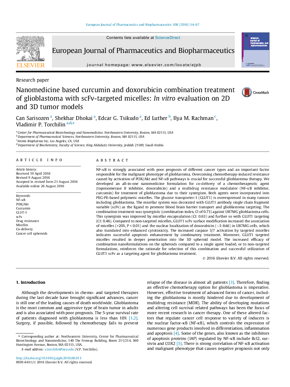 Nanomedicine based curcumin and doxorubicin combination treatment of glioblastoma with scFv-targeted micelles: In vitro evaluation on 2D and 3D tumor models