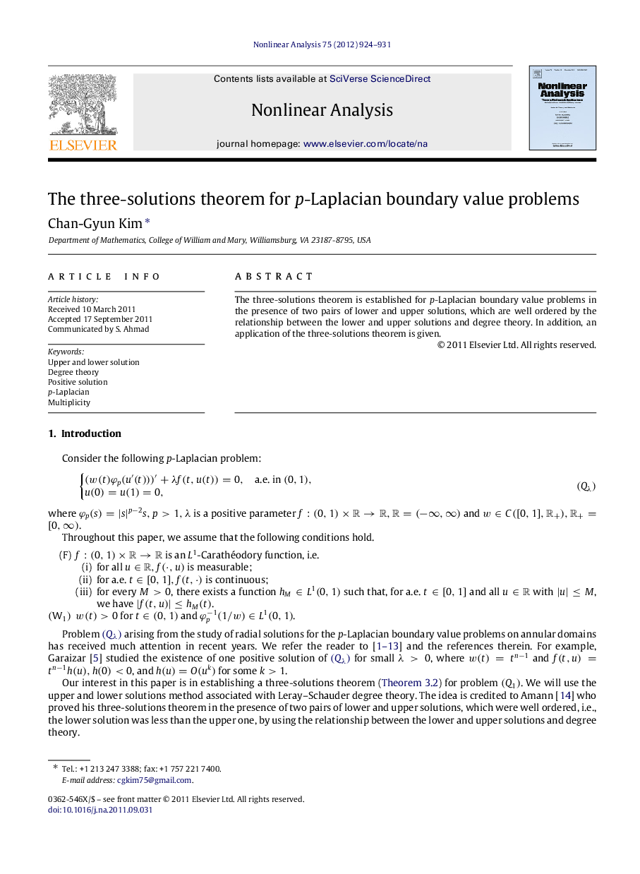 The three-solutions theorem for pp-Laplacian boundary value problems