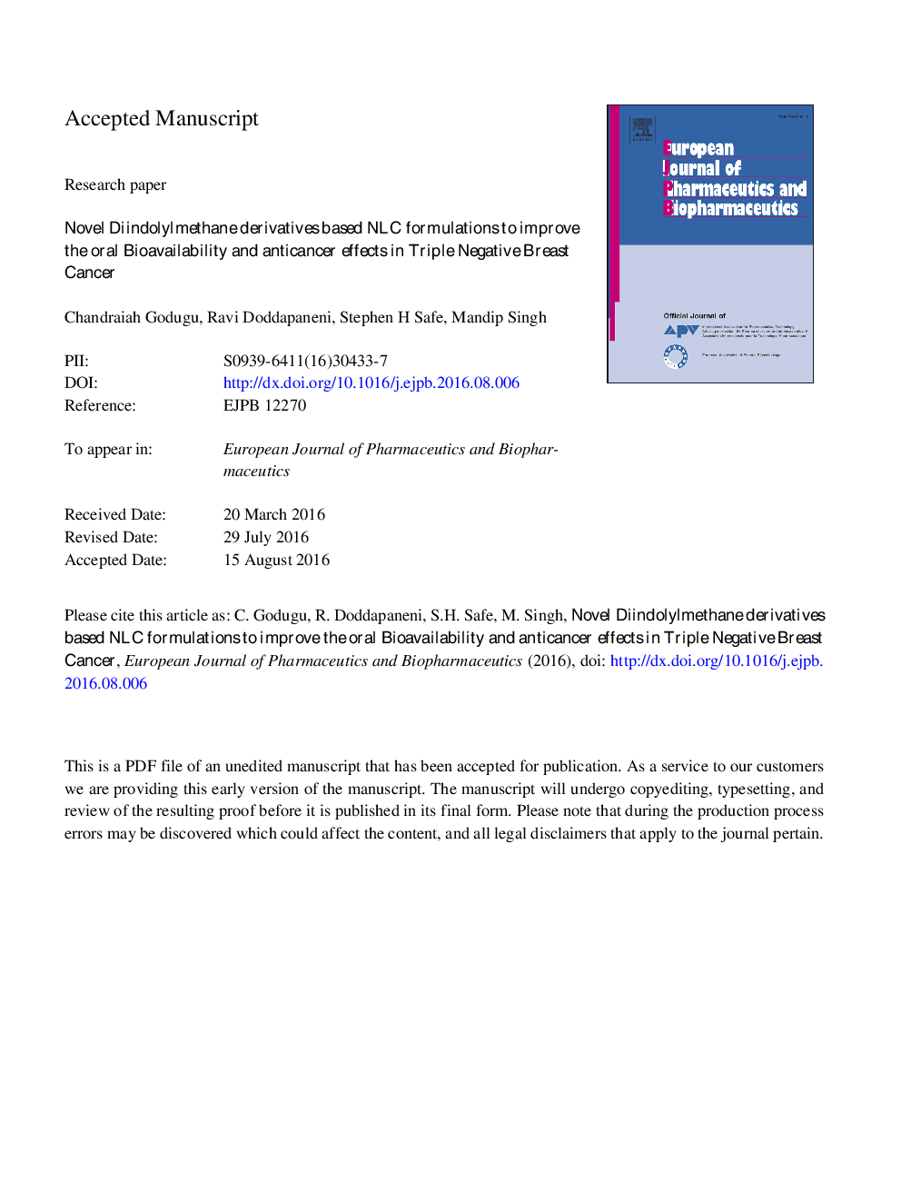 Novel diindolylmethane derivatives based NLC formulations to improve the oral bioavailability and anticancer effects in triple negative breast cancer