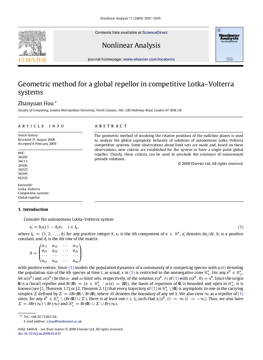 Geometric method for a global repellor in competitive Lotka–Volterra systems